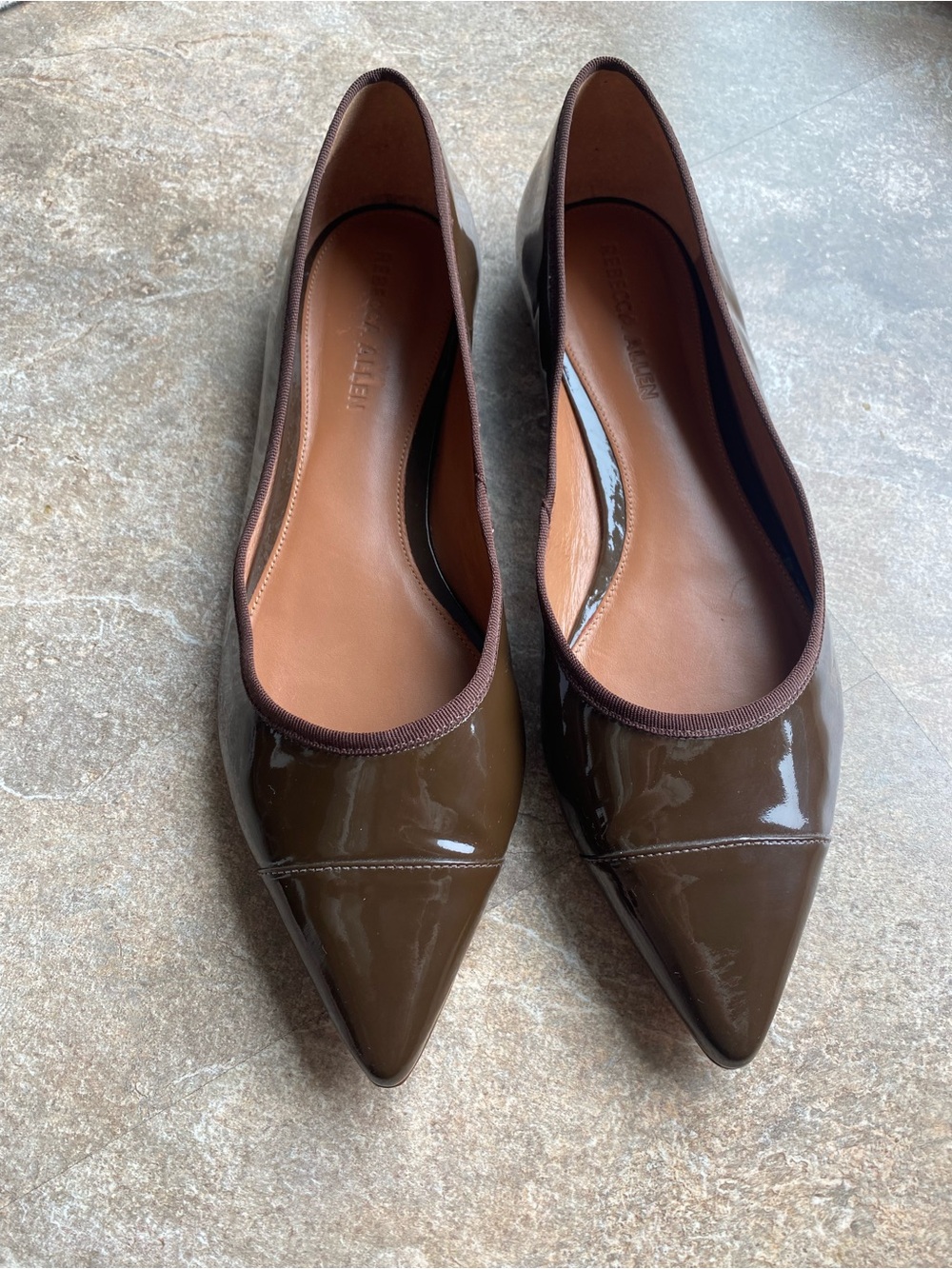 Rebecca Allen The Skim Flat in a glossy brown patent leather size 10
